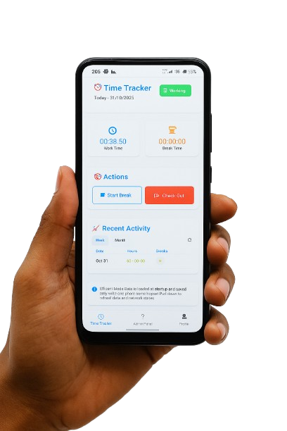 Hand holding phone showing employee tracking app interface